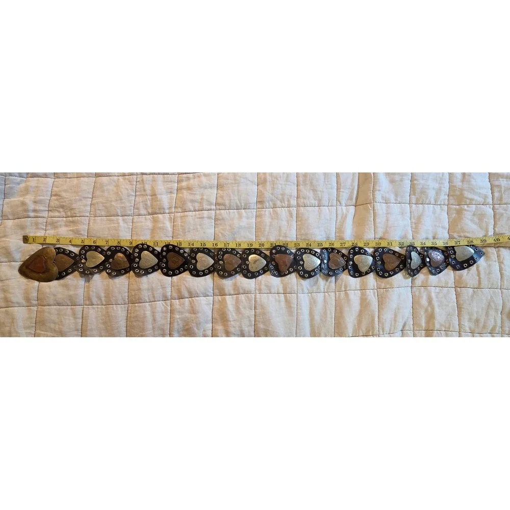 Vintage Heart Link Belt Womens Black Leather Mixed Metal Patina Made in Morocco